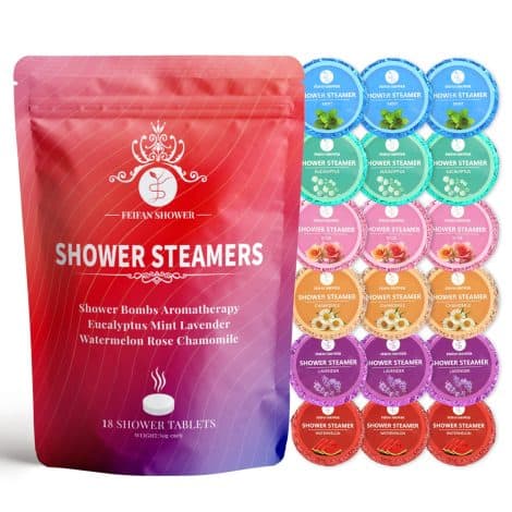 18-pack of FEIFAN Shower Steamers, organic shower bombs with Eucalyptus, Rose, Lavender, Chamomile, Mint, and Watermelon essential oils. Perfect birthday gifts for anyone!