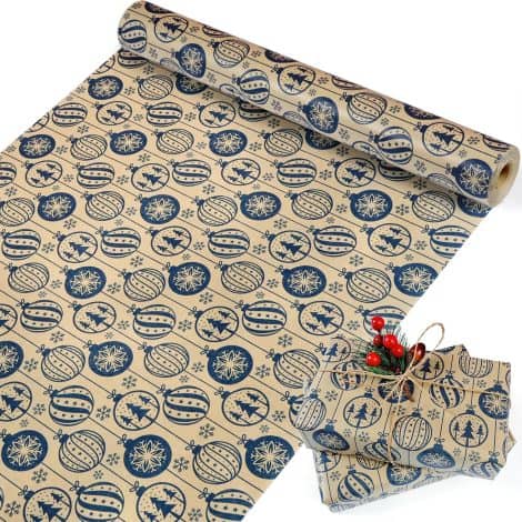 MAMUNU Vintage Retro Christmas Wrapping Paper Roll, with Decorative Christmas Ball Design, perfect for the holidays!