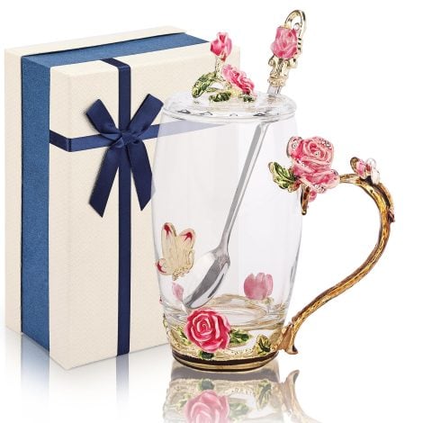 Pink Enamel Rose and Butterfly Glass Tea Cup with Spoon, Lid, and Gift Box for Special Occasions.