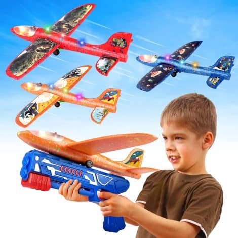 Onysurui 3-Pack LED Glider Airplane Launcher Toy with DIY Stickers – Perfect Outdoor Flying Toy for Boys and Girls (Ages 4-12).