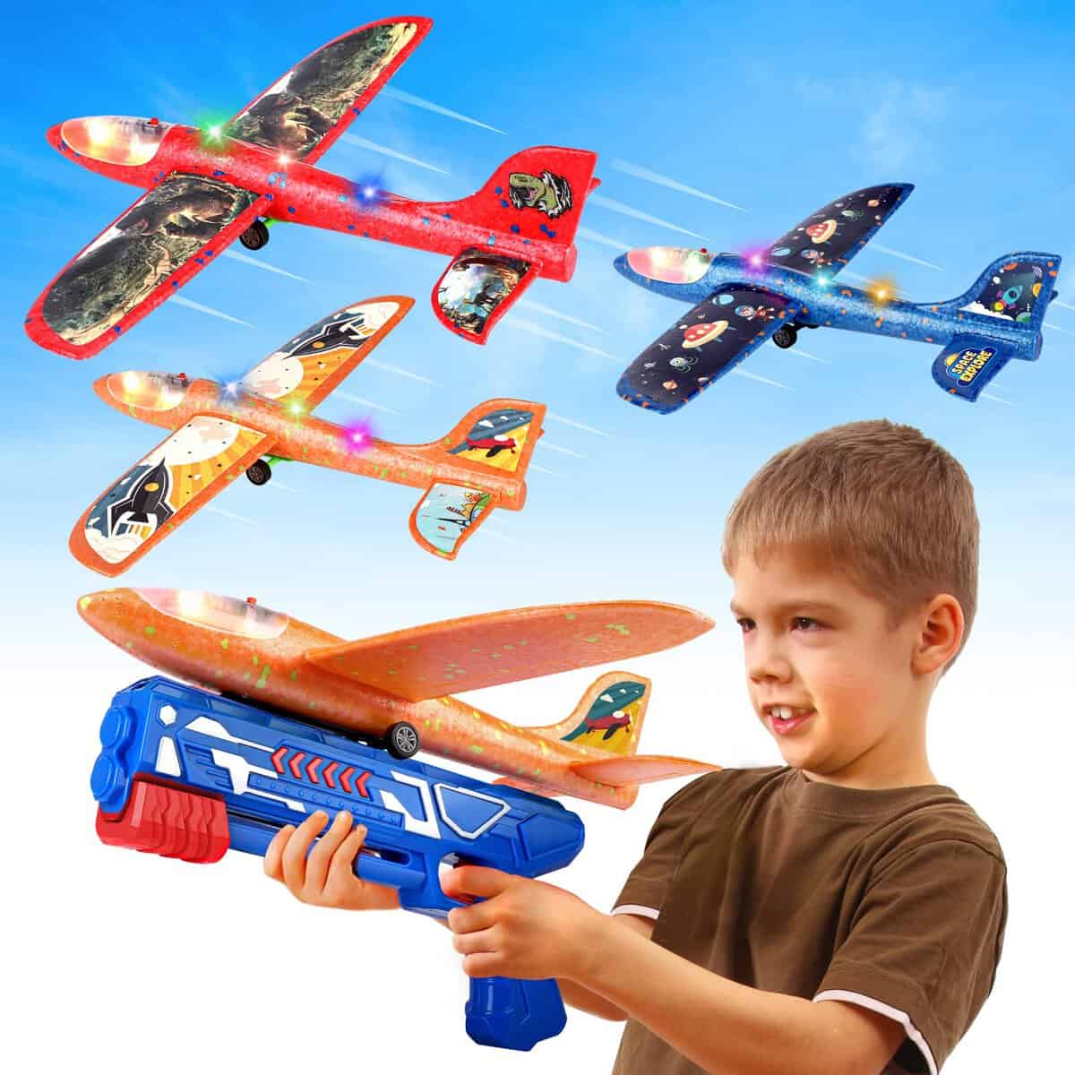 Onysurui 3 Pack Airplane Launcher Toy,Foam Glider Led Plane, Catapult Plane Boy Toys with 3 DIY Stickers, Outdoor Sport Flying Toys for Kids Gifts for 4 5 6 7 8 9 10 12 Year Old Boys Girls