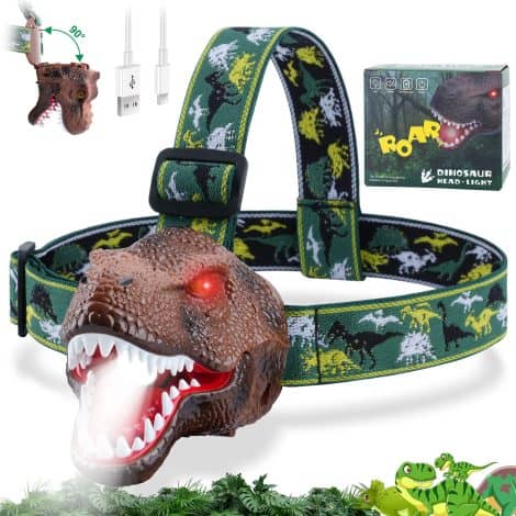 Nitigo Kids’ Dinosaur Headlamp: Rechargeable, LED flashlight with roaring or silent mode, T-Rex toy, ideal camping gift.