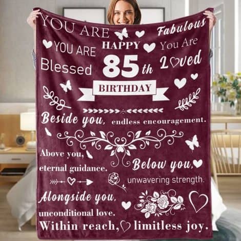 85th Birthday Gift Set for Mom – Cozy Flannel Blanket in Burgundy; Perfect Present for Women