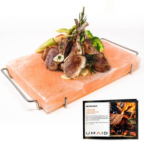 UMAID Himalayan Salt Block: Premium 12X8X1.5 pink salt stone on stainless steel plate, perfect for grilling and cooking. Ideal gift for chefs and foodies.