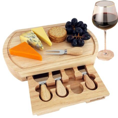 StarBlue Large Cheese Board Set with 4 Knives and Slide-Out Drawer – Premium Oak Serving Tray – Perfect for housewarming or birthday gift.