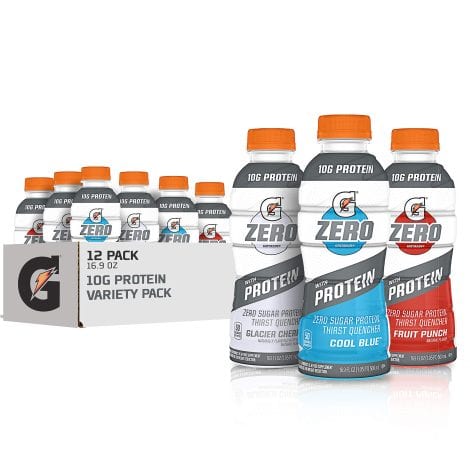 Gatorade Zero Protein Variety Pack: 12 – 16.9 fl oz bottles with 3 flavors, zero sugar, electrolytes, and 10g protein.