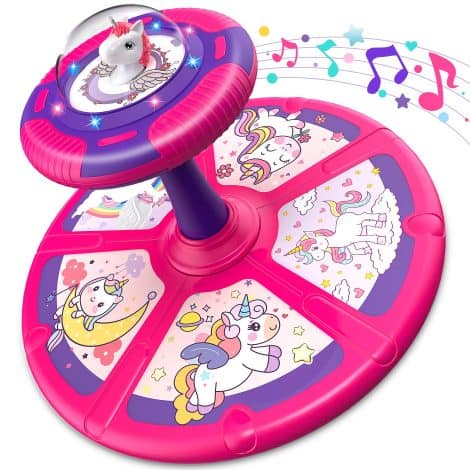 Unicorn Spin and Ride Toy – Perfect Birthday Gift for Girls 1-4 Years Old – Includes LED lights and Music! Spin around 360°!