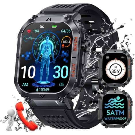 JELLOO Military Smart Watch for Men: Waterproof, rugged smartwatch with compass, heart rate monitor, and call capabilities. Perfect gift for Android/iOS users.