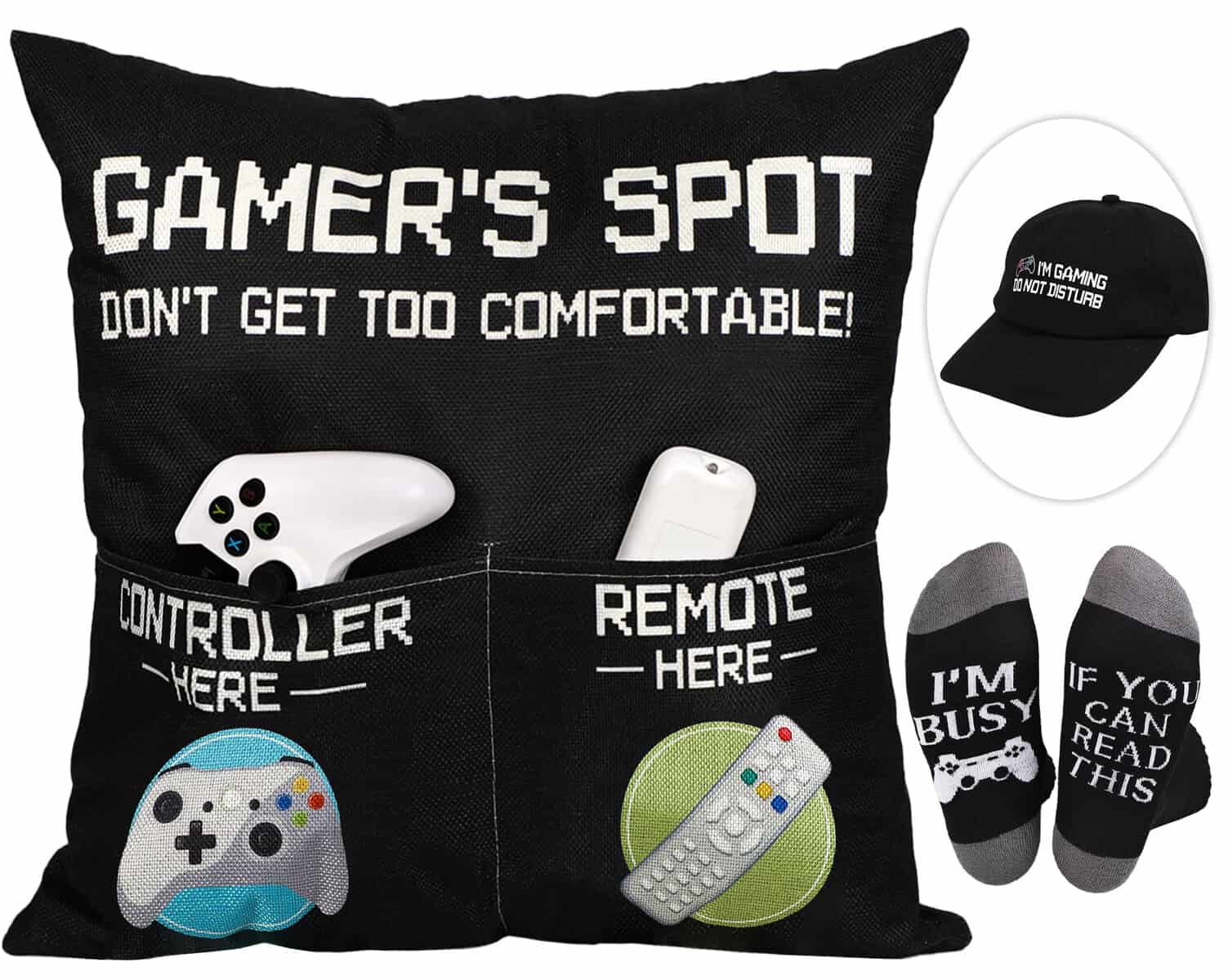 Jpfezry Gamer Gifts - 2-Pocket 2-Sided Pillow Covers 18”*18” + 1 hat + Socks, Christmas Gaming Room Decor for Teen Boys, Girls, Boyfriend (No Fillers)