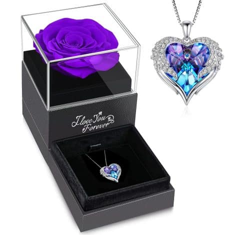 Purple Rose Necklace with Angel Wings – A forever flower gift for mom, grandma, wife, or girlfriend. Perfect Christmas stocking stuffer for women.