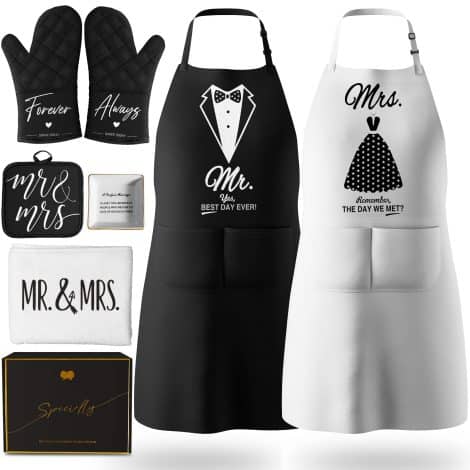 CITTA Couples Apron Set – Perfect for Anniversaries, Weddings, and Christmas – 8 Piece Cooking Gift