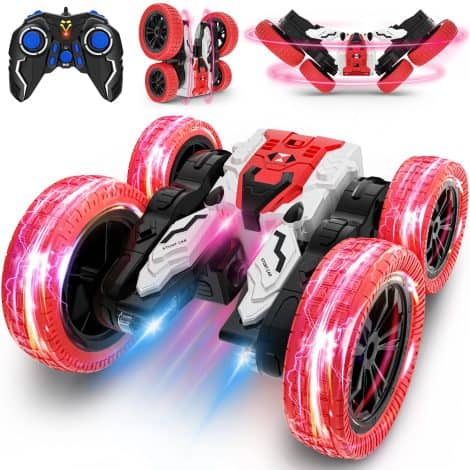 Red RC car that flips and can be used indoors/outdoors; rechargeable and perfect for boys aged 3+.