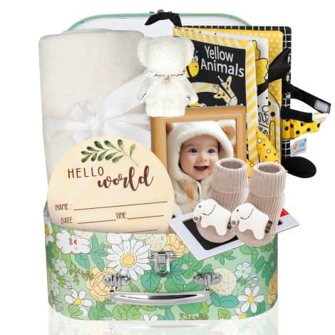 Baby Shower Gift Set with 8 essential items including blankets, socks, and milestone keepsake for newborns.