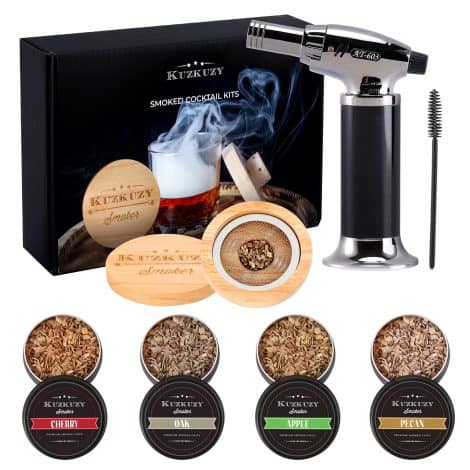 Wood-infused cocktail kit with torch for smoking drinks; perfect gift for bourbon-loving men, dads, and husbands. Butane not included.