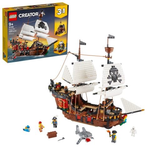 LEGO Creator 3 in 1 Pirate Ship Building Set – Build a Pirate Ship, Inn, or Skull Island. Includes Minifigures, Shark. Perfect gift for 9+ kids!