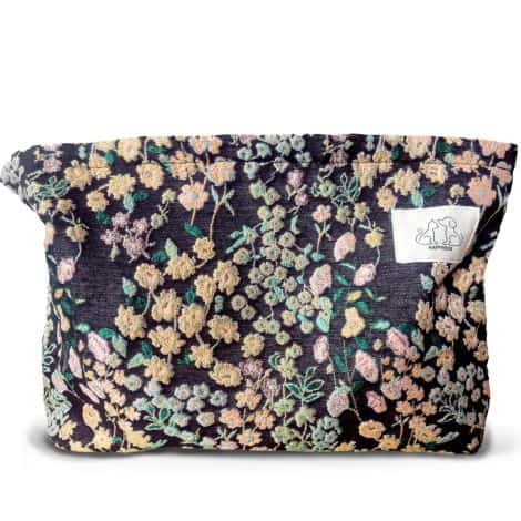 Stylish zippered pouch for makeup and accessories, featuring embroidered lucky flowers. Perfect for organizing cosmetics and a purse.