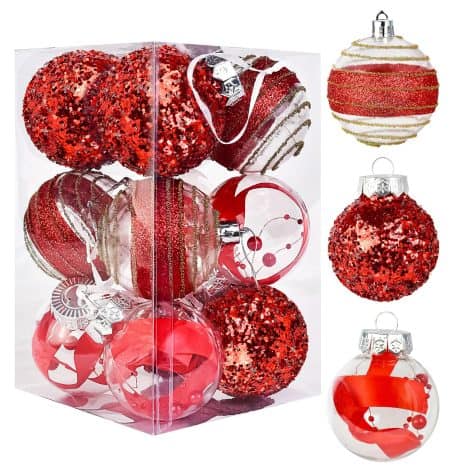 Sparkling Red Christmas Tree Ornaments Set – 12 Pieces of Unbreakable Baubles for Festive Home Decor.