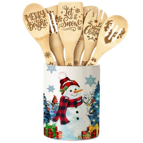 Blue Snowman Ceramic Utensil Holder with 6 Christmas Bamboo Spoons. Farmhouse Christmas Kitchen Decor for New Home.