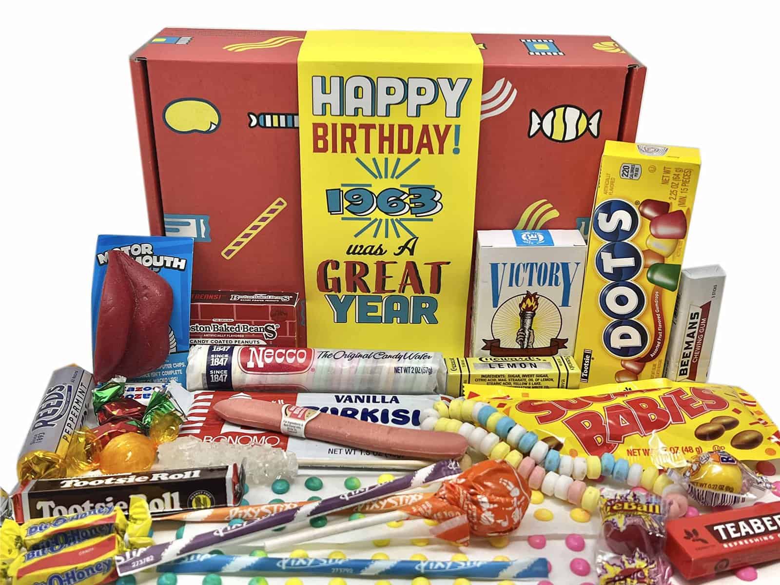 RETRO CANDY YUM 1963 Candy Birthday Box - Celebrate Your Loved One's 60th Birthday with Our Candy from 1963 - Candy from the 60s to Take a Trip Down Memory Lane - 1960s Nostalgia Gifts