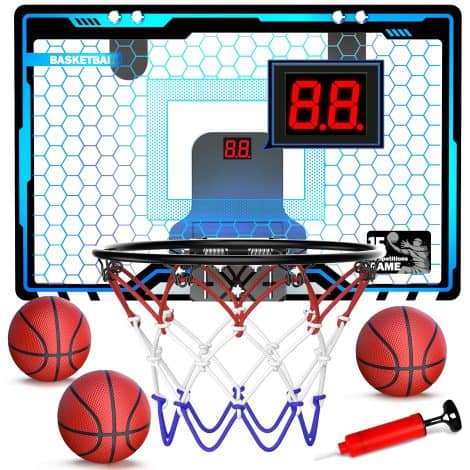 Light-up basketball hoop for kids to play indoors, includes scoreboard, 3 balls, perfect gift for ages 5-12.