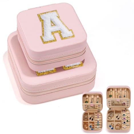 “Personalized Pink Jewelry Travel Set: Parima 2-Piece Case, Perfect Gifts for Women, Friends, and Sisters, with A-A Monogram.”