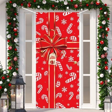 Christmas door banner with festive photography backdrop, hanging outdoor sign, and candy decorations for a joyful holiday!