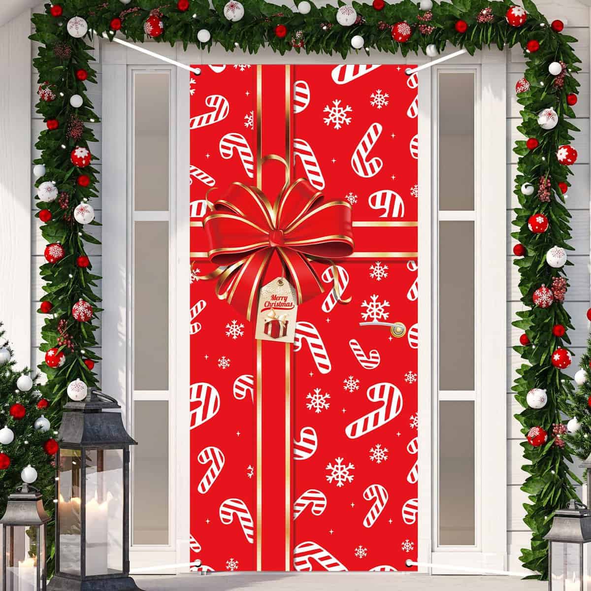 Christmas Door Banner Merry Christmas Photography Backdrop Christmas Bowknot Gift Box Door Hanging Banner Outdoor Sign Christmas Candy Decoration for Home Wall Outdoor Indoor Party Holiday Xmas Eve…