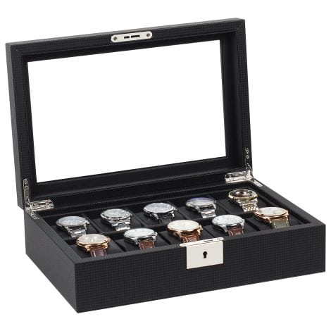 GUKA Watch Box: Sleek black luxury case for 10 watches with wide leather pillows and real glass lid. Ideal gift for men and women.