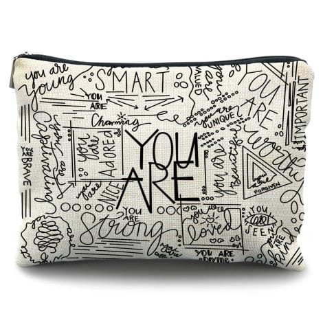 Motivational makeup bag with inspiring quotes, perfect for women and teenage girls. Ideal mental health gift.