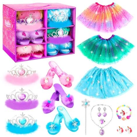 Enchanting Princess Shoe and Jewelry Set with Unicorn, Mermaid, and Ice Princess themes, perfect for girls aged 3-6.