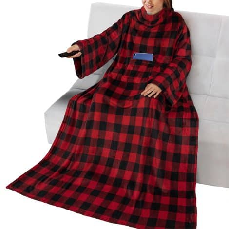 PAVILIA Cozy Robe Blanket with Sleeves in Buffalo Red, perfect Christmas gift for Mom or wife.