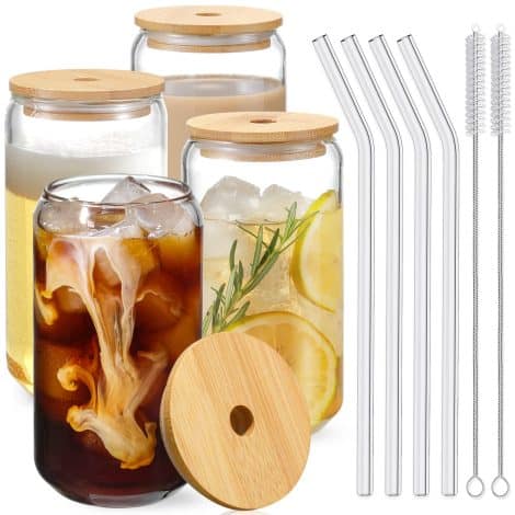 Four 16oz can-shaped drinking glasses with bamboo lids, glass straw, 2 cleaning brushes. Perfect for cocktails and whiskey, great gift.