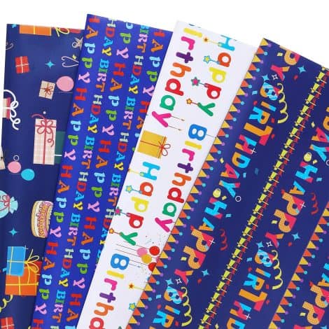 Colorful PlandRichW Birthday Wrapping Paper – 12 sheets of folded gift wrap for all ages!