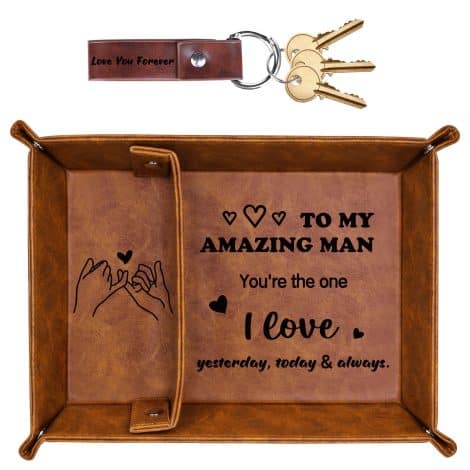 Funistree Sentimental Gifts for Boyfriend/Husband: Leather Valet Tray, Keychain. Perfect Christmas, Anniversary, Birthday, or Valentine’s Day presents.