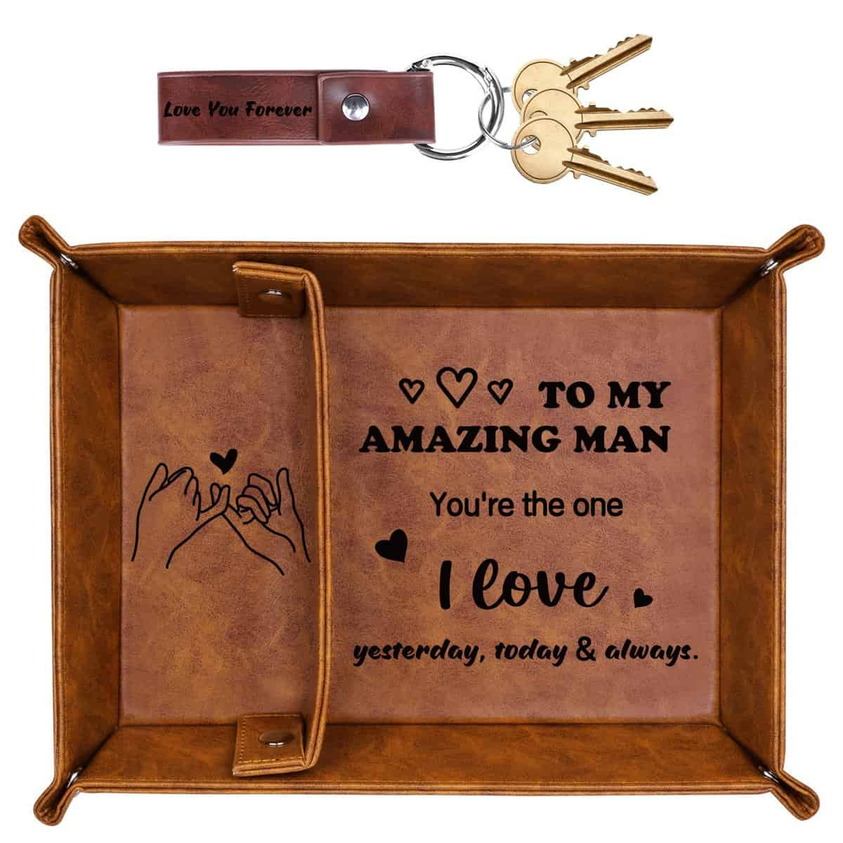 Funistree Gifts for Him Boyfriend Christmas Anniversary from Girlfriend, PU Leather Valet Tray and Keychain, Birthday Gift Ideas for Husband from Wife Xmas, Sentimental Presents Valentines Day