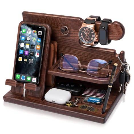 Wood Phone Organizer Stand with Key Holder, Watch Organizer – Perfect for anniversaries, birthdays, and Father’s Day.