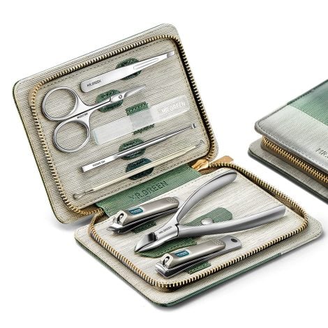 Introducing MR.GREEN Personal Care Set: Stainless Steel Manicure and Pedicure Kits in a Green Leather Case.