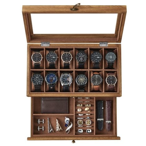 Gift idea for Christmas: SONGMICS 2-Tier Rustic Walnut Watch Box with Glass Lid, Removable Pillows & Velvet Lining.