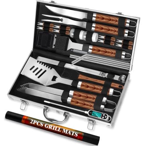 ROMANTICIST 30pc BBQ Grill Tool Set – Premium Stainless Steel Utensils with Thermometer, Mats in Travel Case.