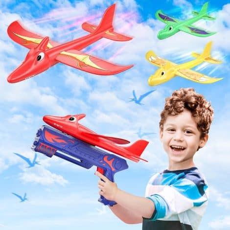 FRONTSUN 3-Pack Dinosaur Airplane Launchers: Fun outdoor flying toys that shoot foam glider planes. Perfect birthday gift for kids aged 3-12.