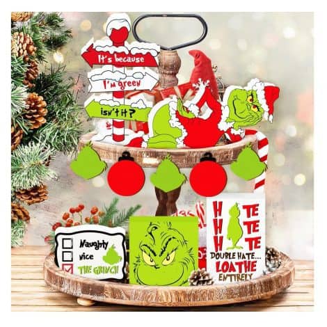 Christmas Tiered Tray Decor Set – Festive Green Gnome Table Centerpieces and Wooden Ornaments for a Cozy Home.