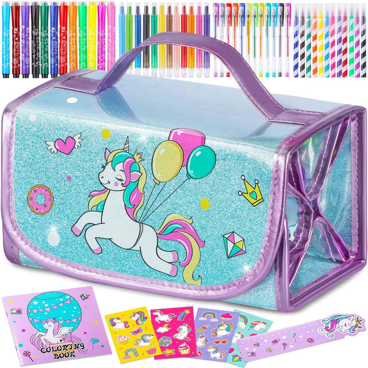 Unicorns Gifts for Girls 5 6 7 8 9 Year Old, Coloring Markers Set with Unicorn Pencil Case, Unicorn Art Supplies for Art Coloring, Craft Drawing Toy for Ages 6-8 Girls Birthday Christmas Easter