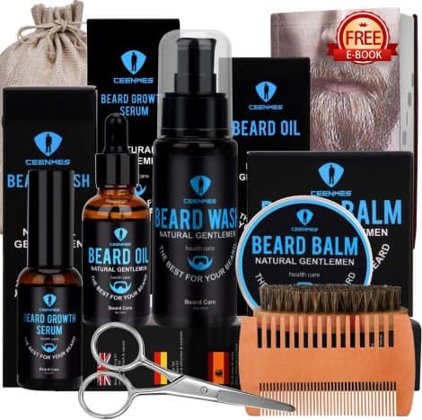 All-in-one Beard Care Bundle: Includes Beard Oil, Growth Serum, Wash, Balm, Brush, Comb, Scissors – Perfect Gift for Men.