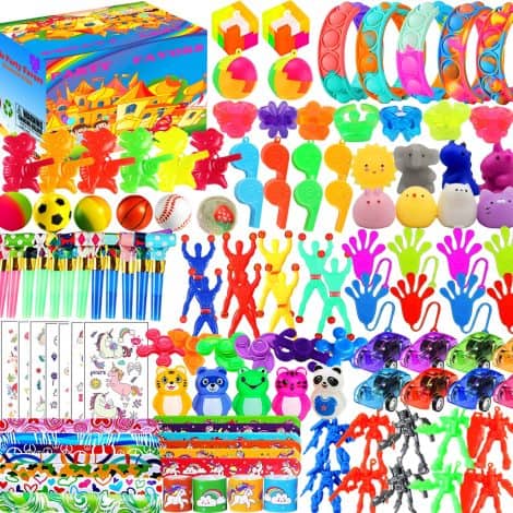 147-Piece Party Favors Pack for Kids, includes treasure box toys, classroom prizes, goodie bag stuffers, and more.