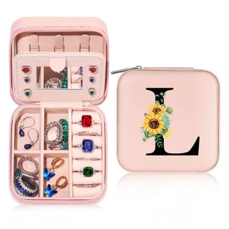 “Personalized L Initial Jewelry Travel Case for Girls – Ideal Birthday Gift with Sunflower Design!”