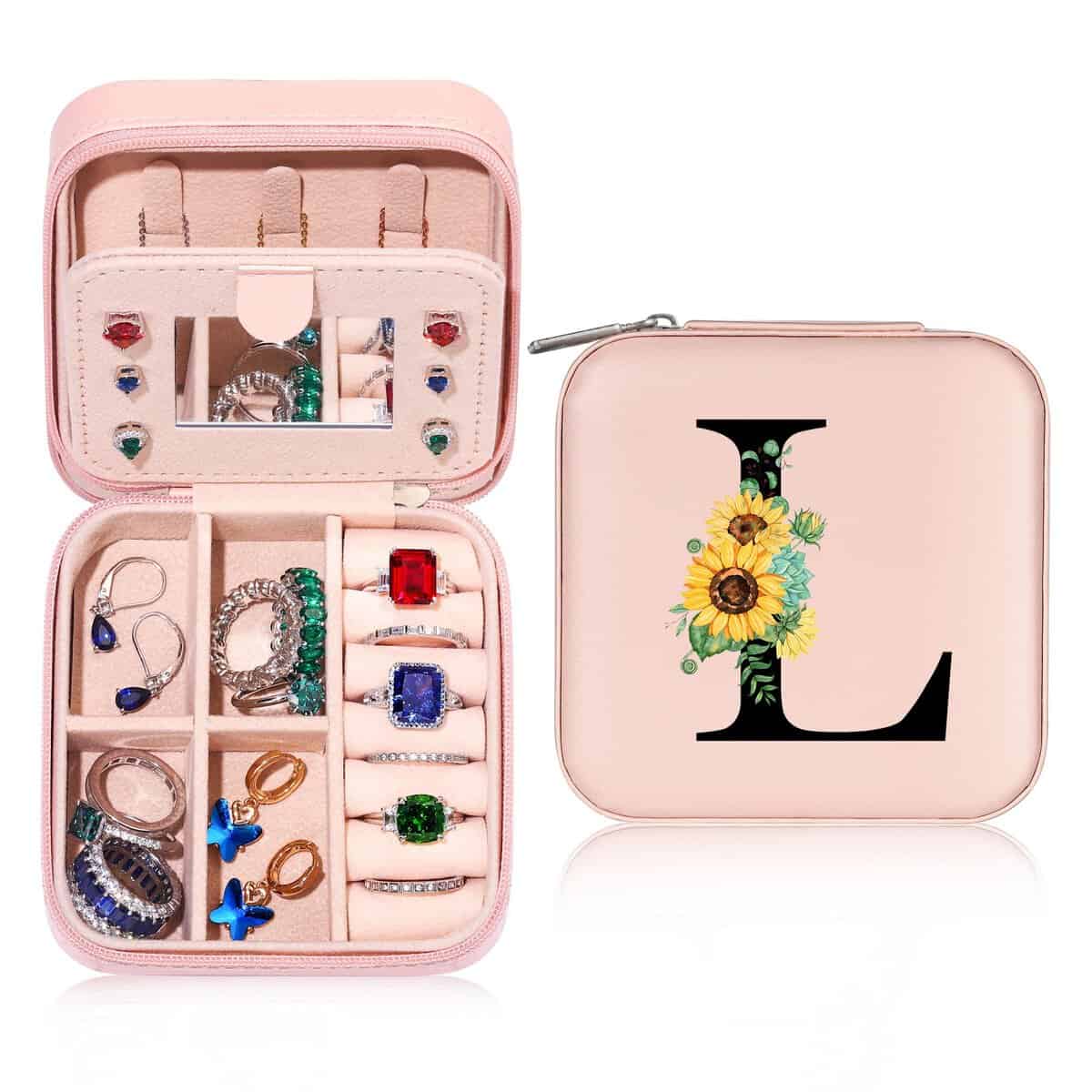 Parima Travel Jewelry Case for Girls Gifts - L Initial Travel Jewelry Box for Girls, Teenage Girl Gifts | Personalized Small Jewelry Travel Case | Sunflower Gifts Birthday Gifts for Girls Jewelry Box