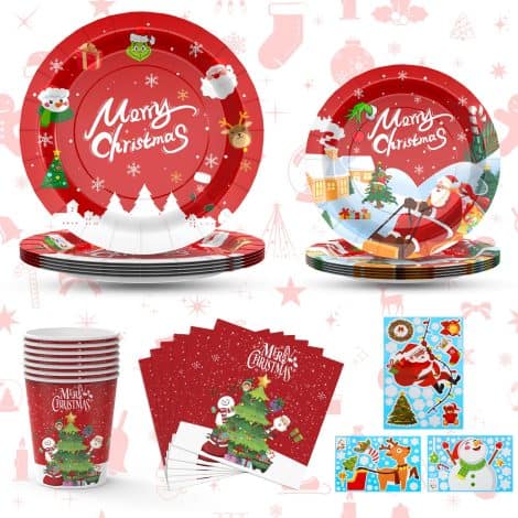 Get ready for Christmas with LIMYIOM’s all-in-one party set including plates, napkins, cups, and window clings.