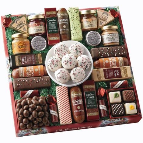 The Swiss Colony’s 27 Favorites Food Gift Box: A delightful assortment of cheeses, chocolates, candies, petits fours, and summer sausage meats, perfect for the holiday season.