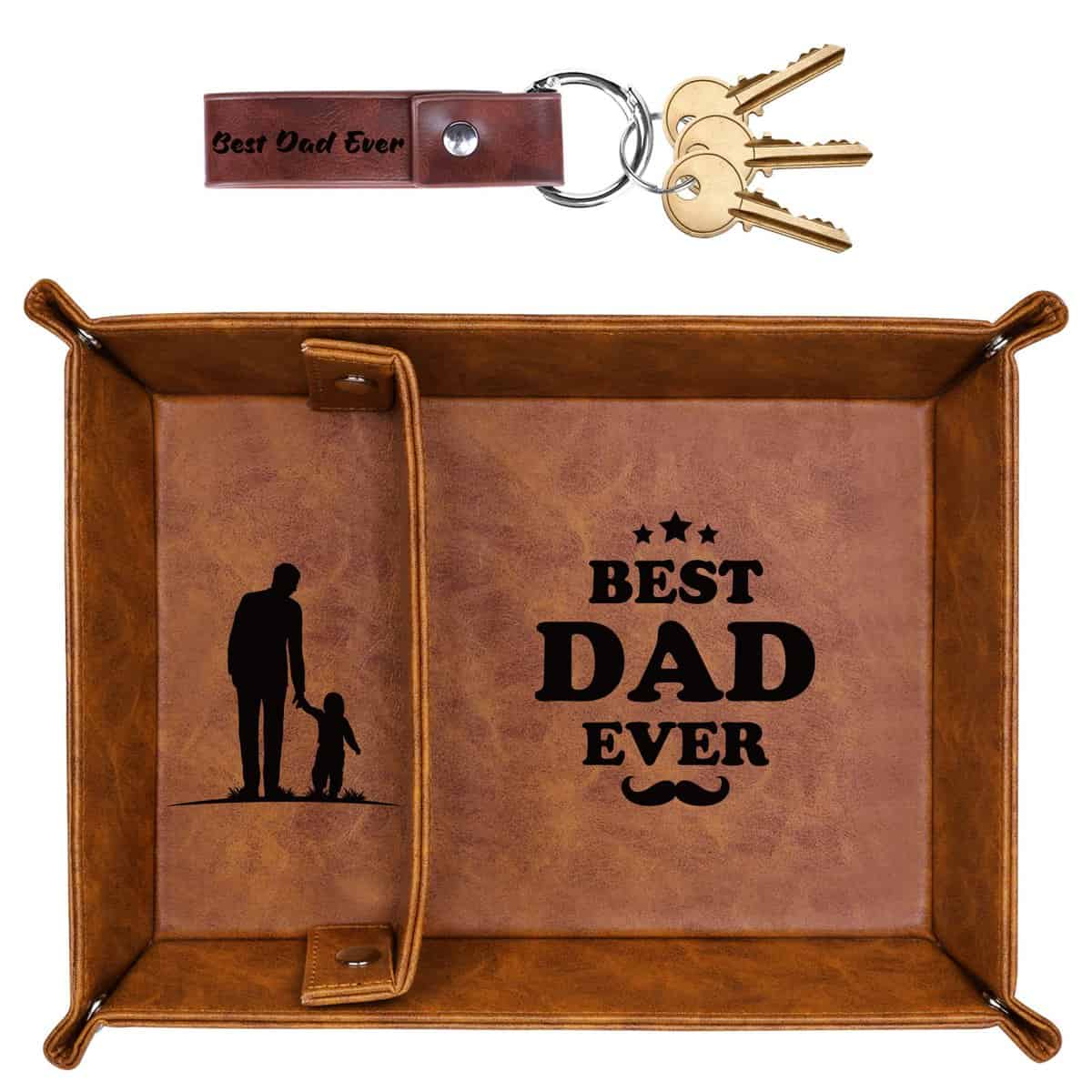 Funistree Gifts for Dad Christmas Xmas, Best Dad Ever PU Leather Valet Tray and Keychain, Unique Dad Birthday Gifts from Daughter Son Kids, New Dad Gifts for Men Father Husband Presents from Wife