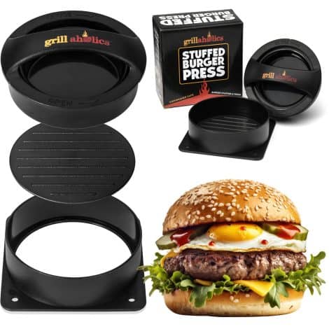 Make juicy stuffed burgers with the Grillaholics Burger Press and Recipe eBook. Also comes with extended warranty. Perfect for grilling!